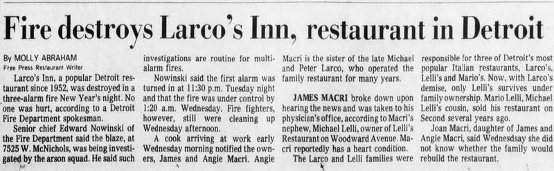 Larcos Inn - Jan 3 1985 Destroyed By Fire